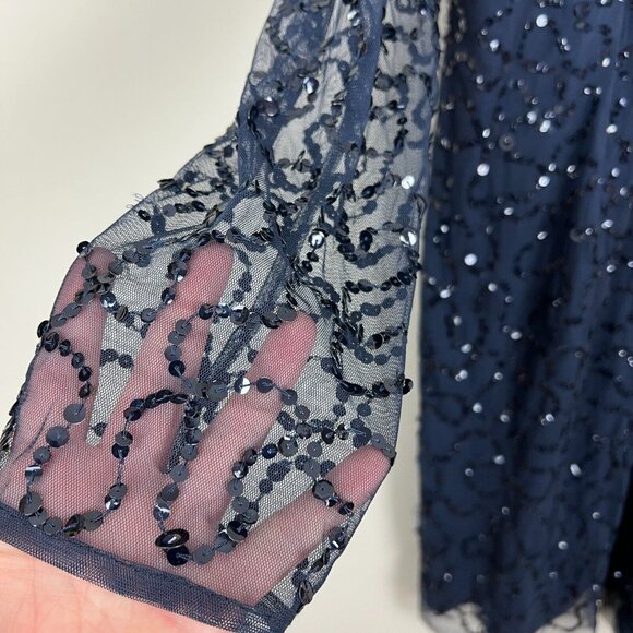 Papell Boutique Dress 16 Navy Blue Sequin Sheath Sheer Long Sleeve‎ Cocktail Zip - Picture 5 of 10